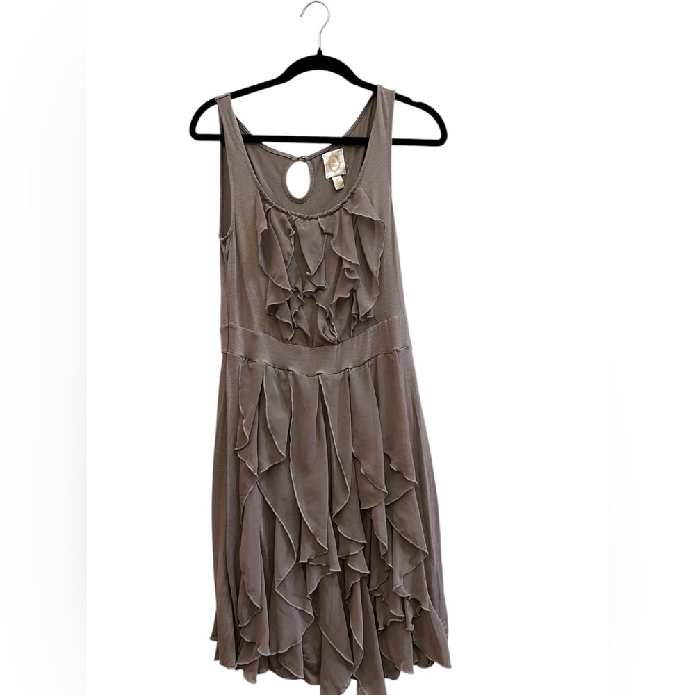 Anthro Ric Rac Taupe Ruffle Dress Fairycore Balletcore Fit Flare Clean Girl S - Picture 2 of 6
